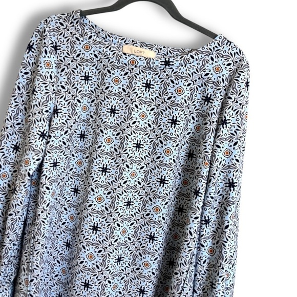 LOFT Blue and White geometric Patterned Shift Dress w/ 3/4 tassel tie sleeves - Picture 3 of 7